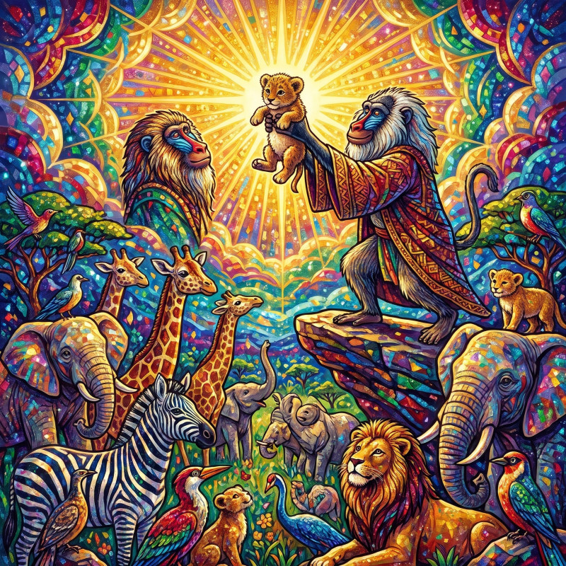 Mandrill Presenting Cub to Sun