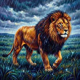 Majestic Lion Walking in Rain