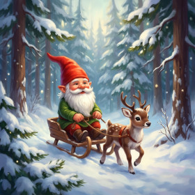 Gnome Sleigh Ride in Snowy Pines