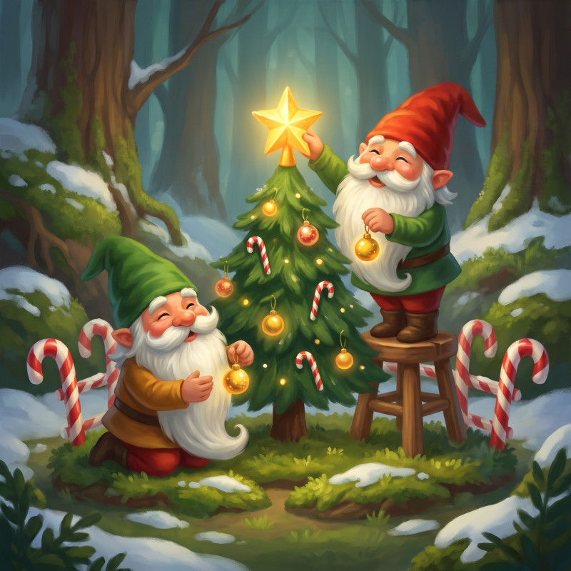 Gnomes Decorating a Tiny Christmas Tree