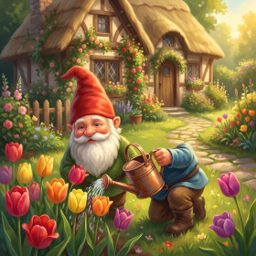 Gnom mit Gießkanne im Tulpenbeet