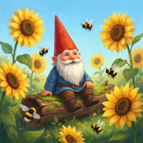 Gnome parmi les tournesols et abeilles