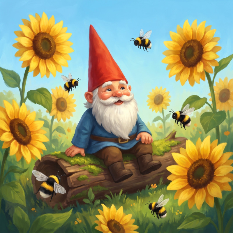 Sunflower Garden Gnome with Busy Bees