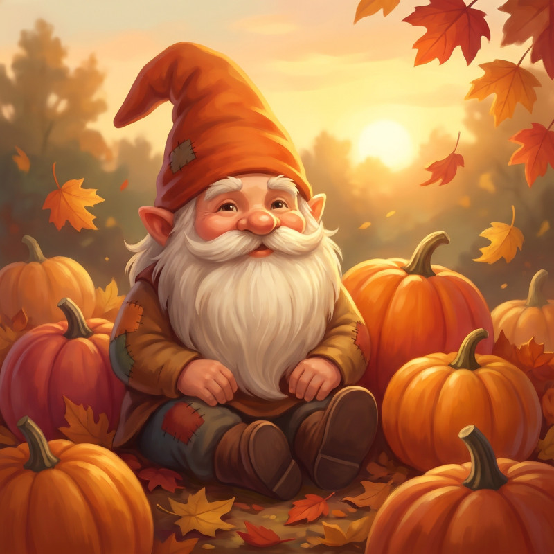 Golden Autumn Gnome Among Pumpkins