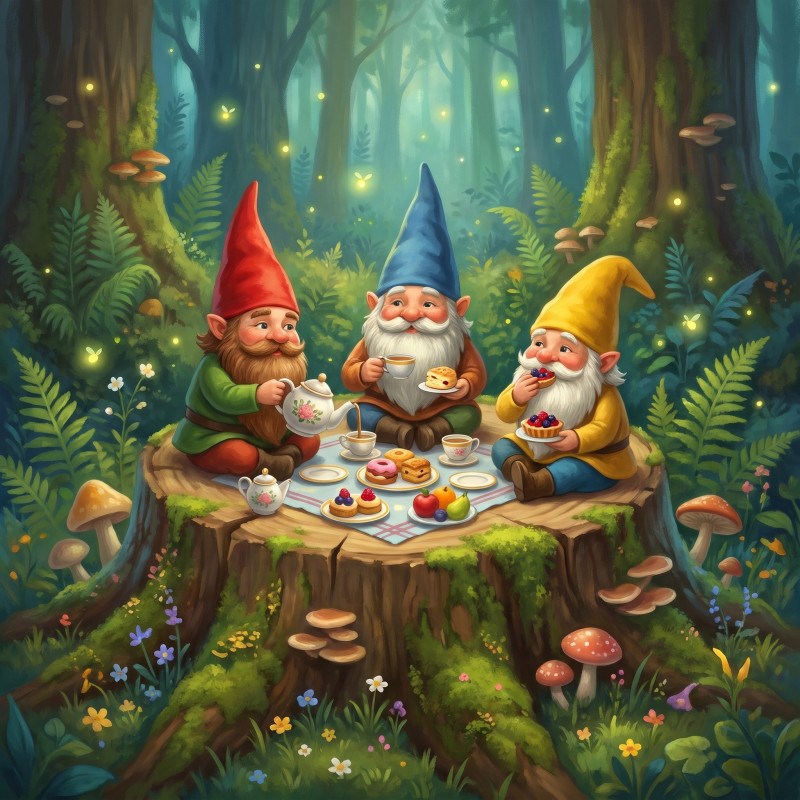 Three Gnomes' Picnic Tea on a Mossy Stump