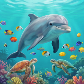 Delfin zwischen bunten Fischen und Schildkröten