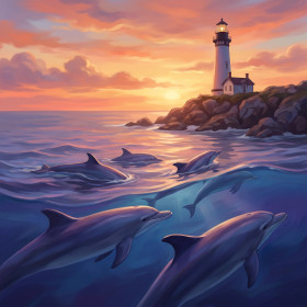 Delfini davanti al faro all'alba