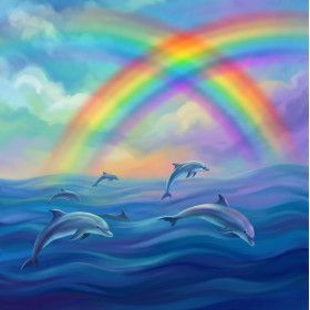 Delfine springen im farbigen Regenbogenlicht