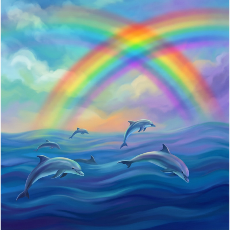 Delfine springen im farbigen Regenbogenlicht