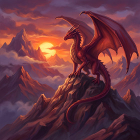 Dragon rouge sur pic montagneux au couchant
