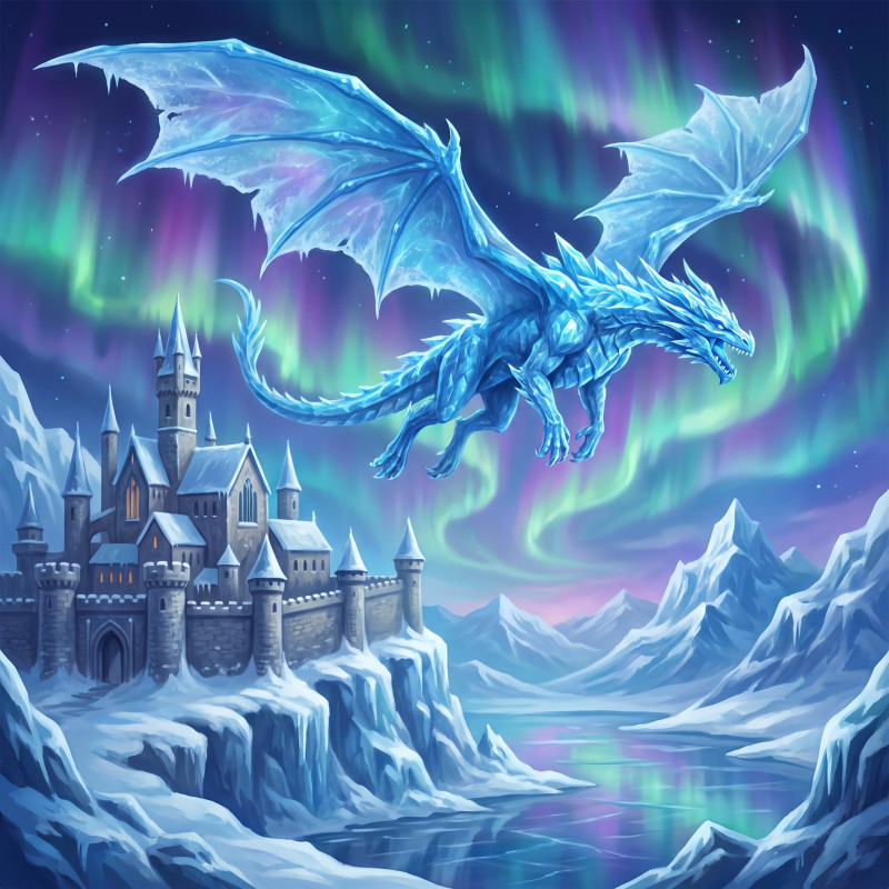 Ice Dragon Over Frozen Castle