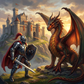 Ritter und Drache vor der Burgmauer