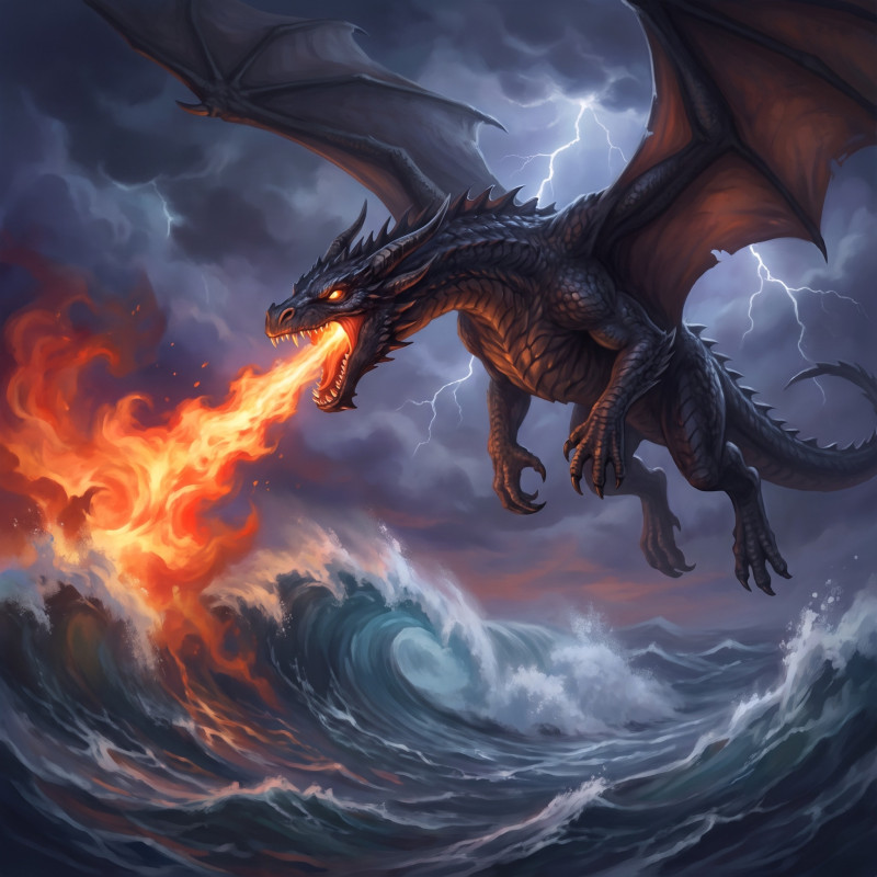 Black Dragon Fire Over Stormy Sea