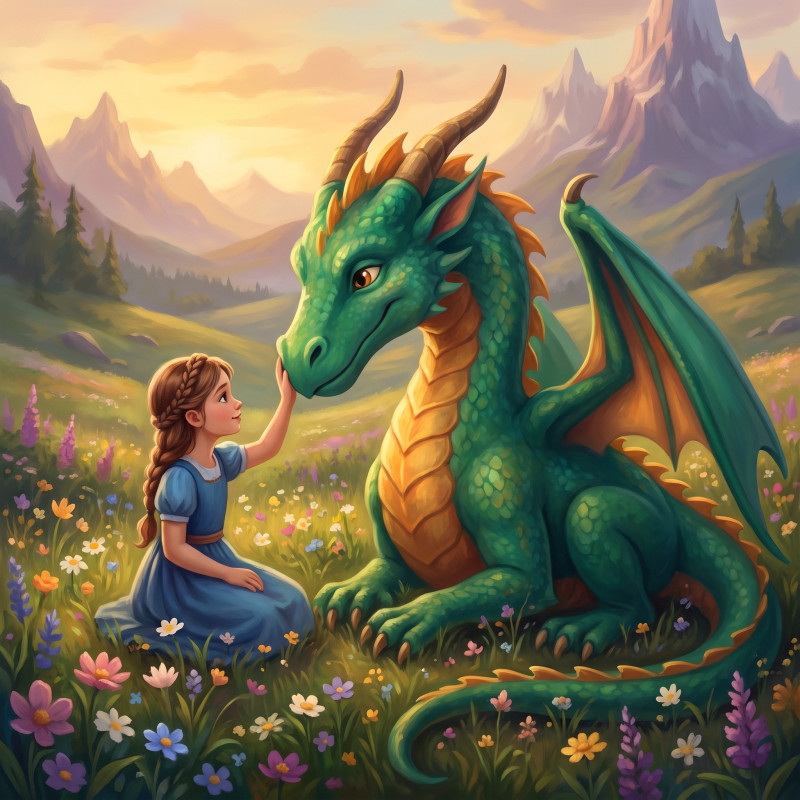 Girl Petting Friendly Dragon in Meadow