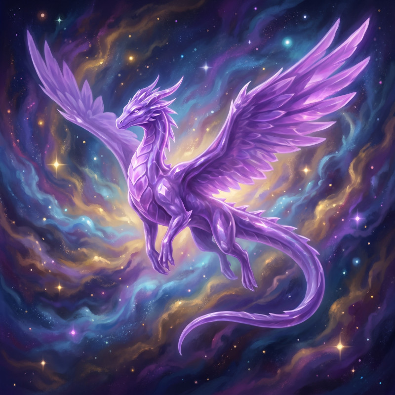 Purple Crystal Dragon Over Starry Nebula