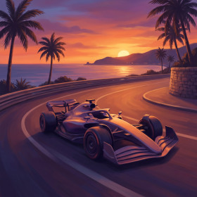Racewagen op kustcircuit bij zonsondergang
