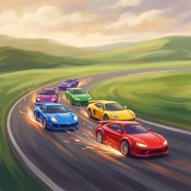 Sparks and Colorful Race Cars at Start