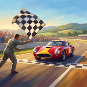 Racewagen bij de finishvlag
