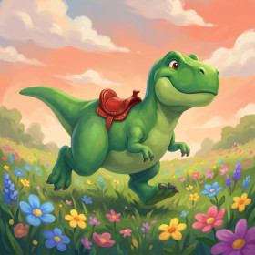 Cute Green Dino in Flower Meadow