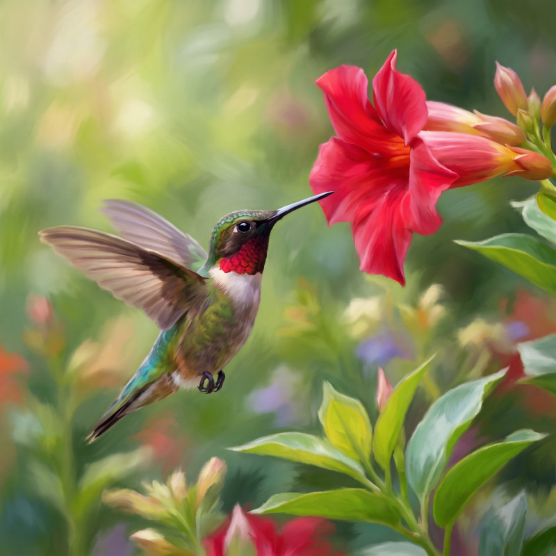 Iridescent Hummingbird Hovering by Red Bloom