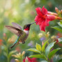 Iridescent Hummingbird Hovering by Red Bloom