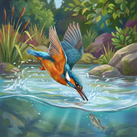 IJsvogel duikt in beek met waterdruppels