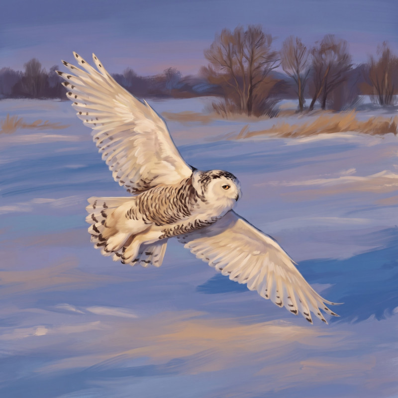Schneeeule im Flug über verschneitem Feld