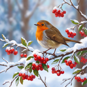 Pettirosso tra Bacche Rosse e Neve