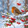 Pettirosso tra Bacche Rosse e Neve