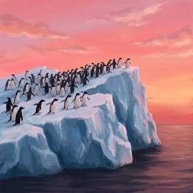 Pinguïnkolonie op ijsberg onder roze lucht