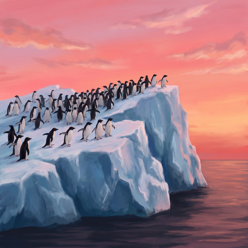 Pinguinkolonie unter rosa Himmel