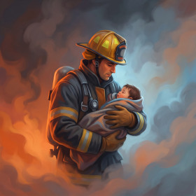 Feuerwehrmann trägt gerettetes Kind