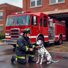 Brave Firefighter with Dalmatian by Fire Truck