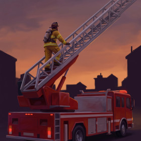Firefighter on Aerial Ladder at Dusk