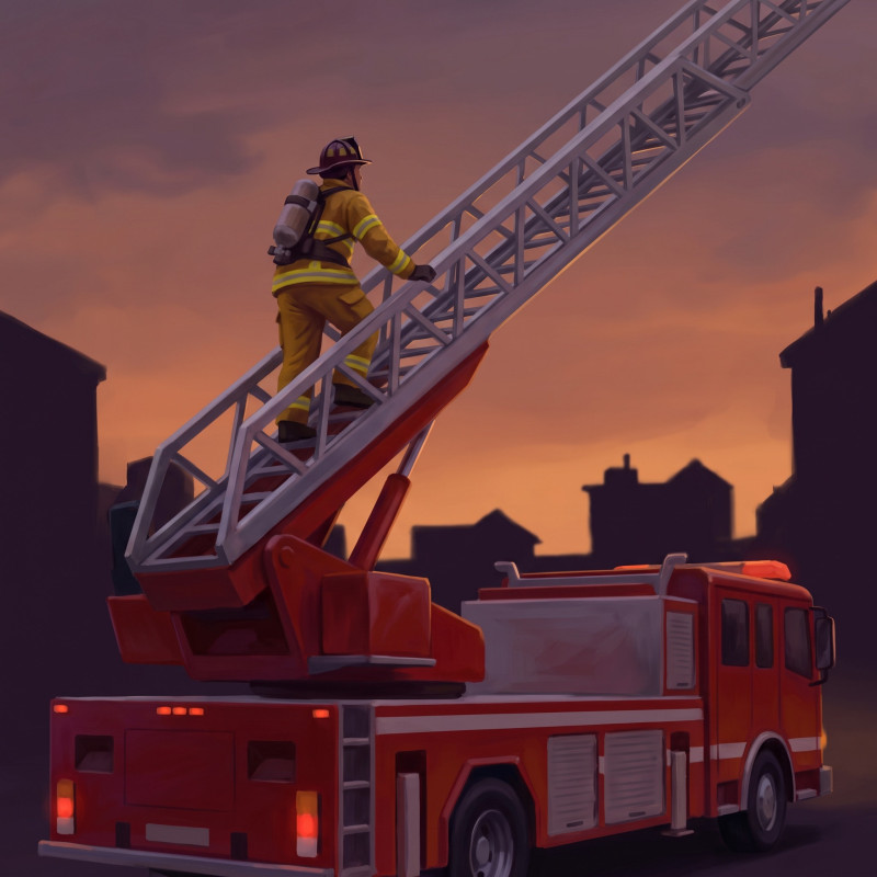 Brandweerman op hoge ladder bij schemer