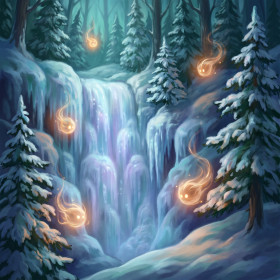 Gefrorener Wasserfall mit Lichtgeistern
