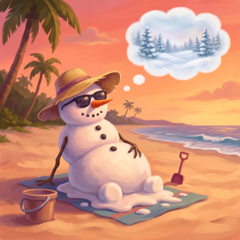Schneemann mit Sommerhut am Strand