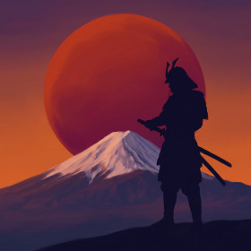 Samoerai voor rode zon en berg Fuji