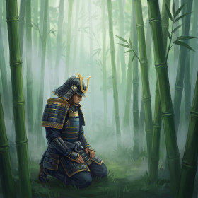 Kniender Samurai im Bambuswald