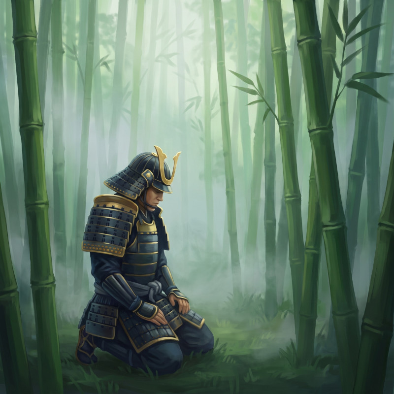 Kniender Samurai im Bambuswald