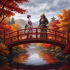 Geisha and Samurai on Autumn Bridge