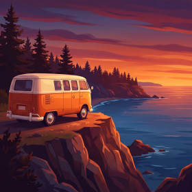Vintage Camper Van on Sunset Cliff
