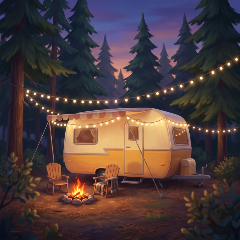 Caravan in dennenbos met lichtjes