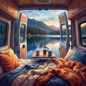 Camper con porte aperte sul lago