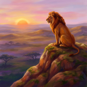 Lion sur un rocher au soleil levant