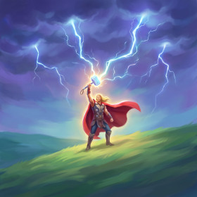 Blond Hero Calling Lightning on a Hill