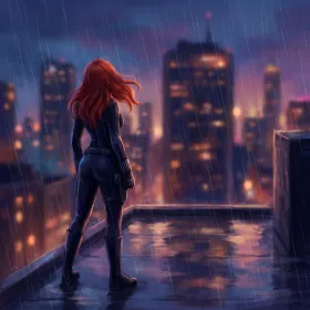 Red-Haired Heroine on Rainy Rooftop