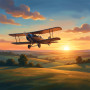 Sunrise Vintage Biplane Over Green Fields