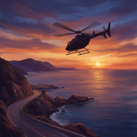 Helicopter Over Sunset Coastline