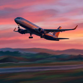 Passagierflugzeug beim Start im rosa Abendhimmel